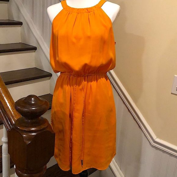 BANANA REPUBLIC Tangerine Sleeveless Cinched Waist Flowy Midi Dress NWOT Size 10 - Picture 5 of 15